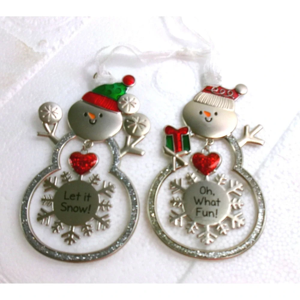 Ganz Metal Snowman Ornaments Set of 2 Let It Snow Oh What Fun Silver Snowflake